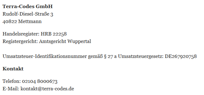 Kontakt- und Registerangaben der Terra-Codes GmbH